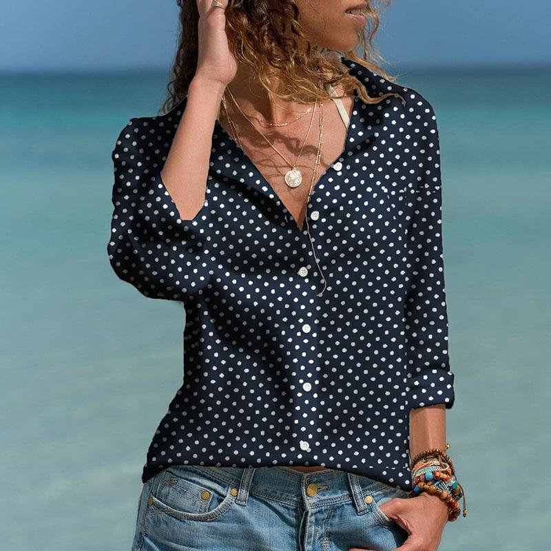 Casual Turndown Collar Long Sleeve Polka Dot Blouse