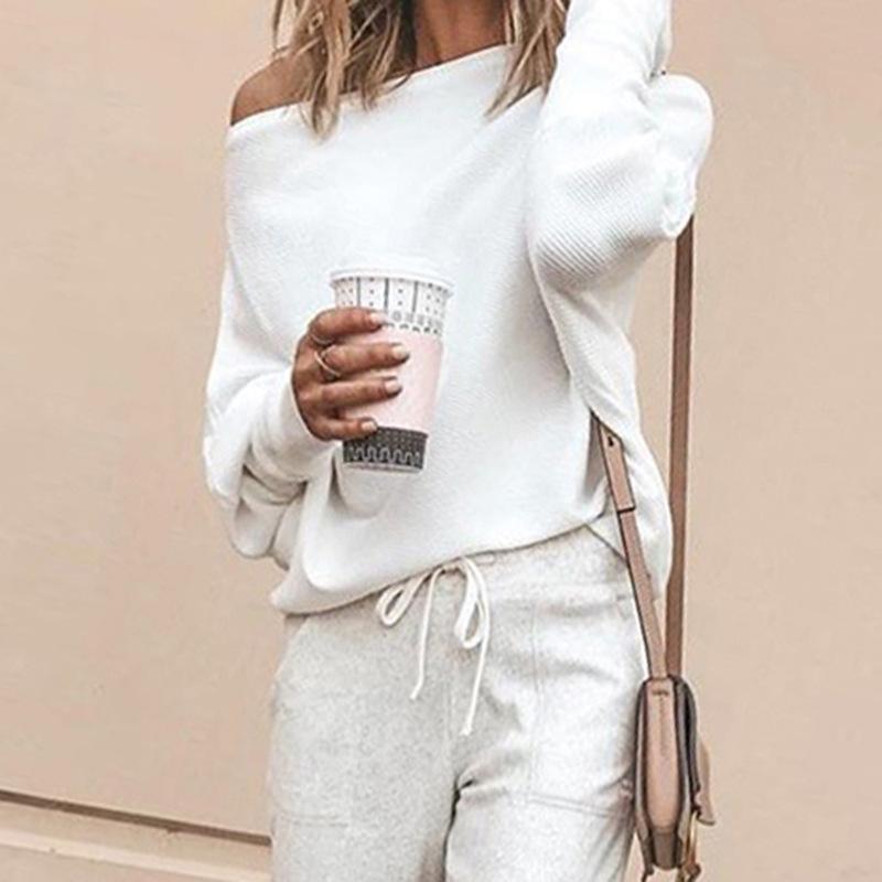 Sexy Boat Neck Long Sleeve Pure Colour Sweater