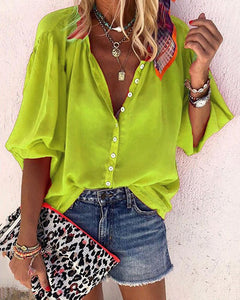 Casual V Neck  Pure Colour Single-Breasted Blouse