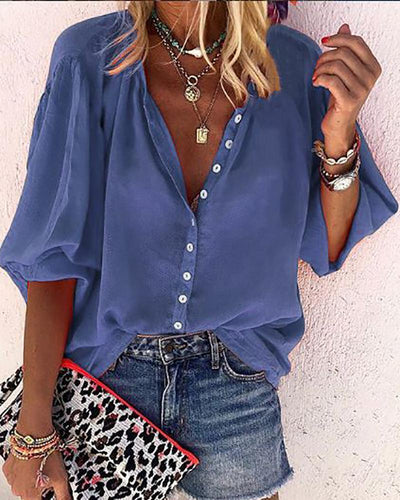 Casual V Neck  Pure Colour Single-Breasted Blouse