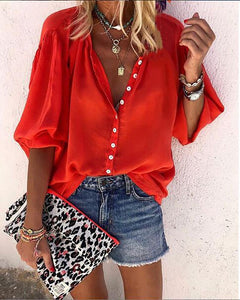 Casual V Neck  Pure Colour Single-Breasted Blouse