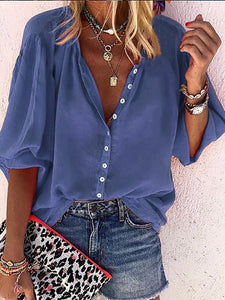 Casual V Neck  Pure Colour Single-Breasted Blouse