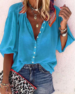 Casual V Neck  Pure Colour Single-Breasted Blouse