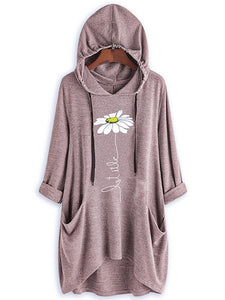 Casual Floral Printed Colour Long Sleeve High-Low Hoodie