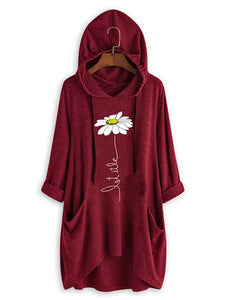 Casual Floral Printed Colour Long Sleeve High-Low Hoodie