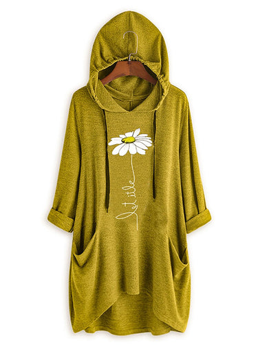 Casual Floral Printed Colour Long Sleeve High-Low Hoodie