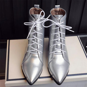 Contracted Lace-Up Pointed Toes Kitten Heels Ankle Boots