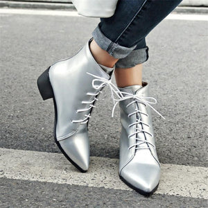 Contracted Lace-Up Pointed Toes Kitten Heels Ankle Boots