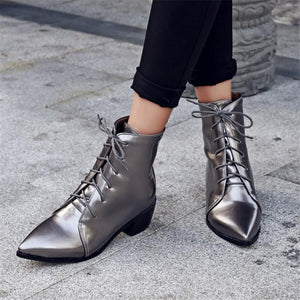 Contracted Lace-Up Pointed Toes Kitten Heels Ankle Boots