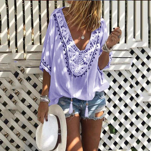 Bohemian Halflong Sleeves Tassel Lace Loose Shirt