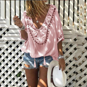 Bohemian Halflong Sleeves Tassel Lace Loose Shirt