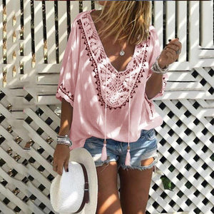 Bohemian Halflong Sleeves Tassel Lace Loose Shirt