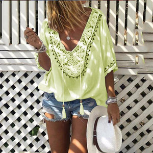 Bohemian Halflong Sleeves Tassel Lace Loose Shirt