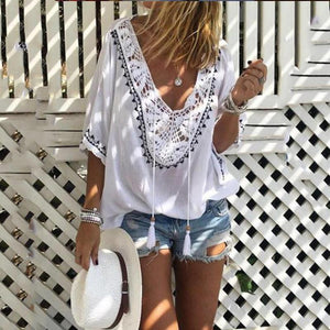 Bohemian Halflong Sleeves Tassel Lace Loose Shirt