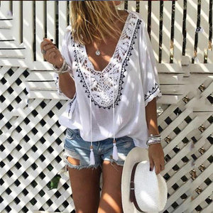 Bohemian Halflong Sleeves Tassel Lace Loose Shirt