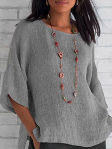 Casual Round Neck Three Quarter Sleeve Plain Blouse