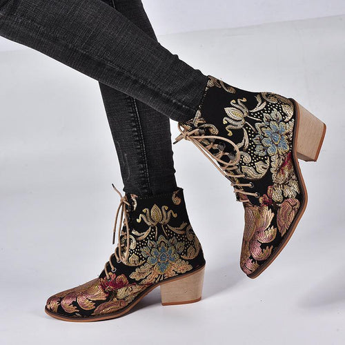 Vintage Embroidery Lace-Up Kitten Heels Martin Boots