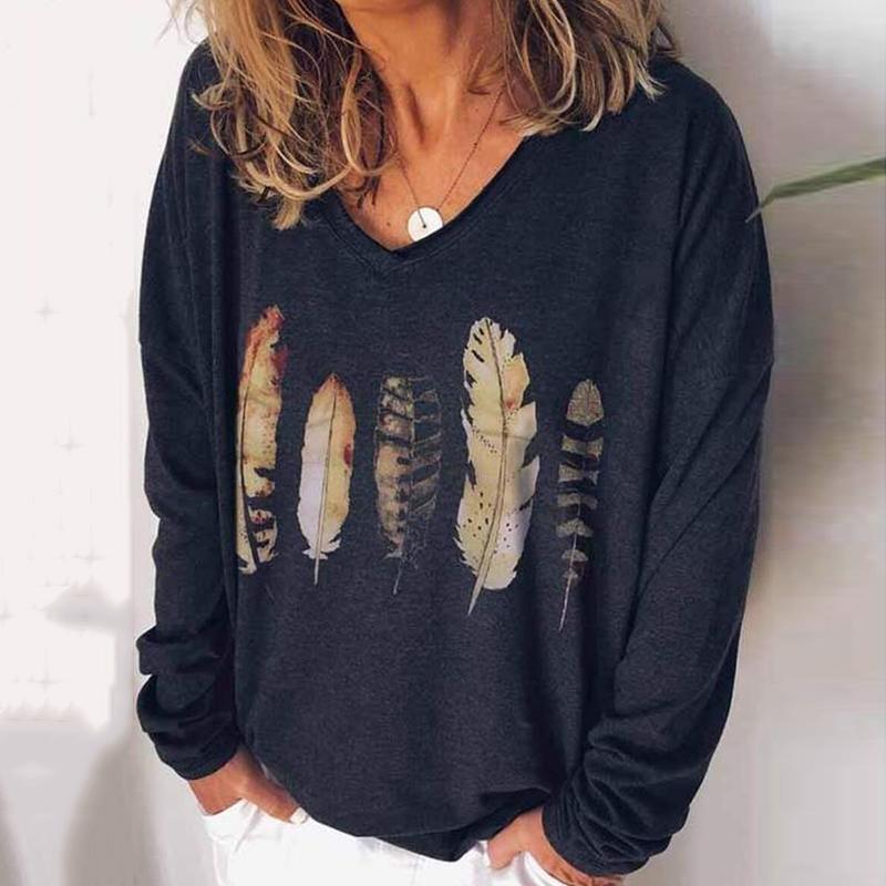 Casual V Neck Long Sleeves Printed Loose T-Shirt