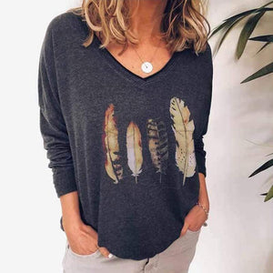 Casual V Neck Long Sleeves Printed Loose T-Shirt