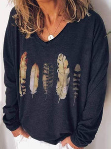 Casual V Neck Long Sleeves Printed Loose T-Shirt