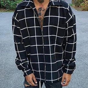 Fashion Plaid Zipper Turndown Collar Shirt