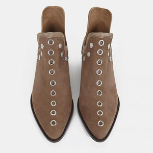 Vintage Pointed Toe Rivet Plain Mid Heel Boots