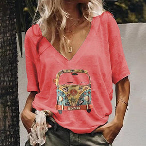 Fashion V Neck Printed Short Sleeve T-Shirt