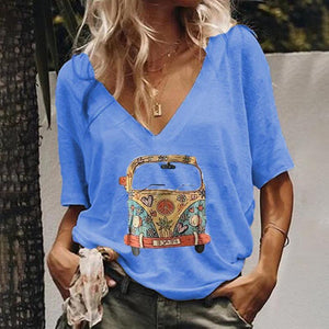 Fashion V Neck Printed Short Sleeve T-Shirt