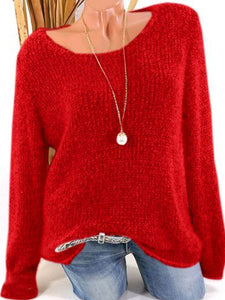 Low Round Collar  Fashion  Plain  Long Sleeve  Knit Pullover