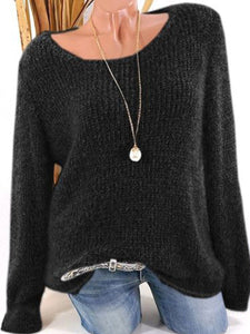 Low Round Collar  Fashion  Plain  Long Sleeve  Knit Pullover