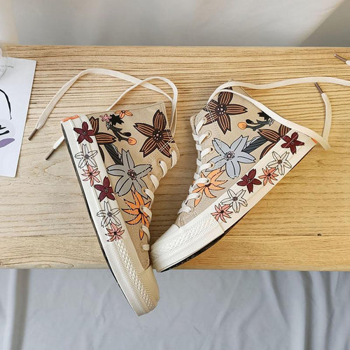 Brief Floral Printed Flat High Tube Sneakers