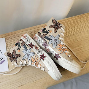 Brief Floral Printed Flat High Tube Sneakers