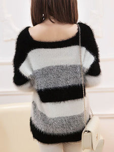 Round Neck Casual Soft Striped Long Sleeve Knit Pullover