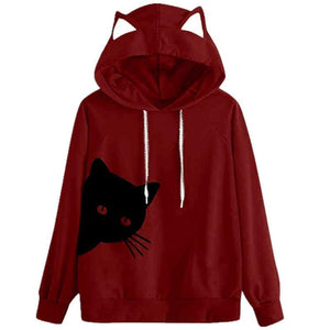 Cat Print Loose Hooded Sweatshirt