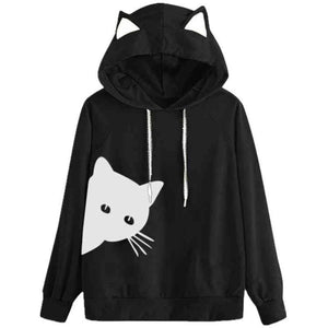 Cat Print Loose Hooded Sweatshirt