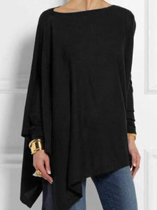 Round  Neck  Patchwork  Casual  Plain Loose Fitting Long Sleeve  T-Shirt