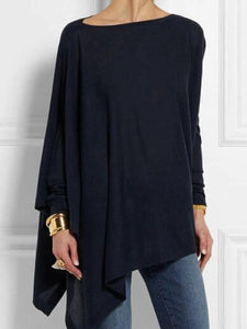 Round  Neck  Patchwork  Casual  Plain Loose Fitting Long Sleeve  T-Shirt