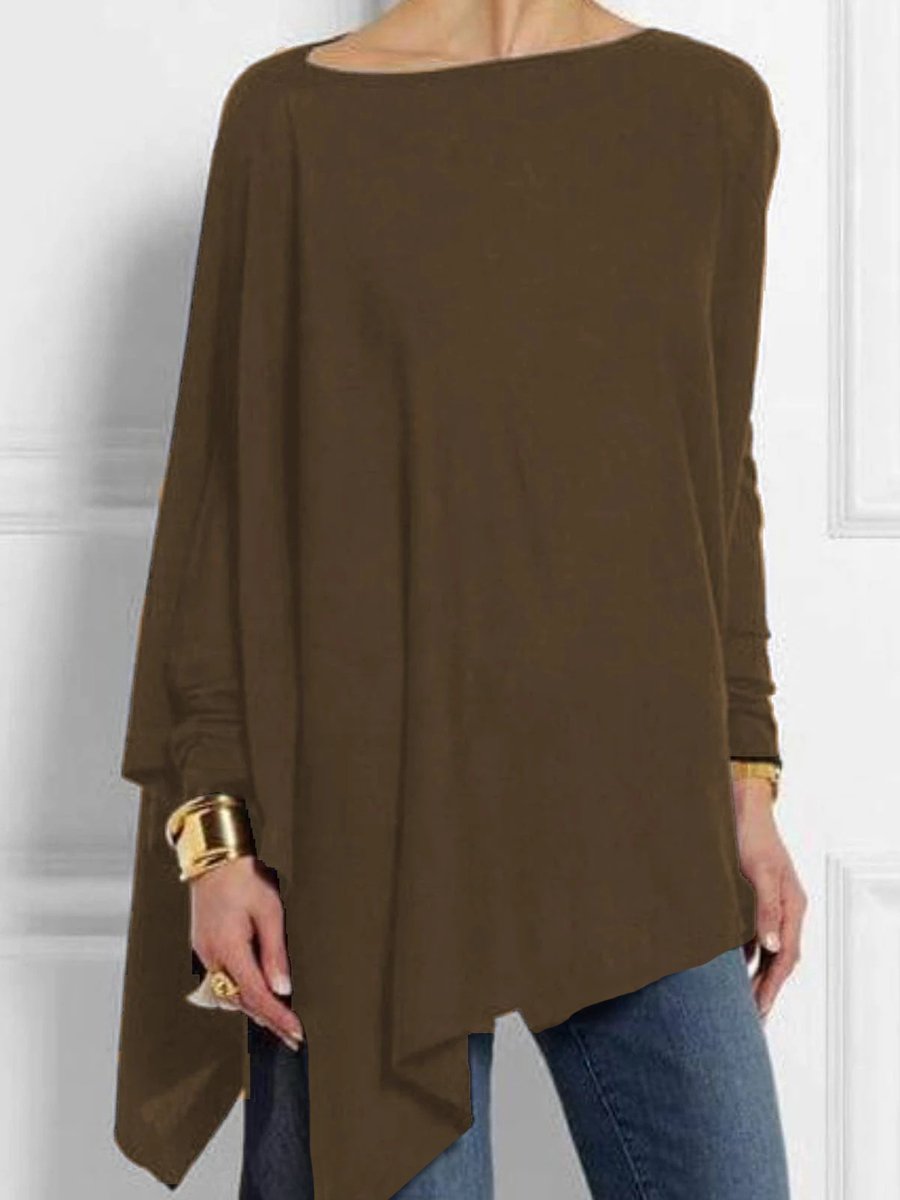 Round  Neck  Patchwork  Casual  Plain Loose Fitting Long Sleeve  T-Shirt