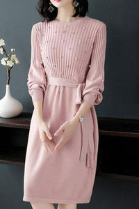 Round Neck  Beading  Plain Shift Dress