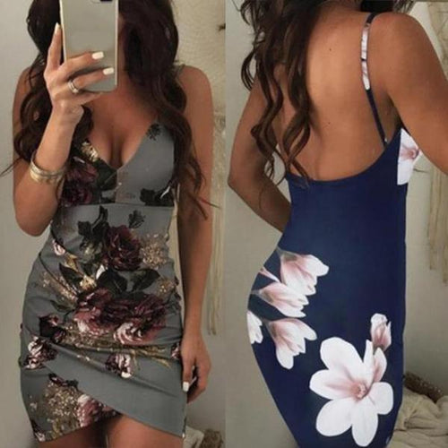 Spaghetti Strap  Asymmetric Hem  Printed  Sleeveless Bodycon Dresses