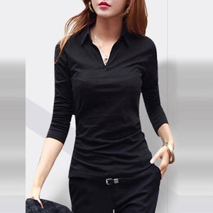 Autumn Spring  Cotton  Women  Turn Down Collar  Plain Long Sleeve T-Shirts