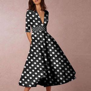 V-Neck  Polka Dot Printed Skater Dresses