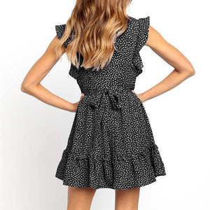 Short-Sleeved Ruffled V-Neck Dot Print Mini Dress