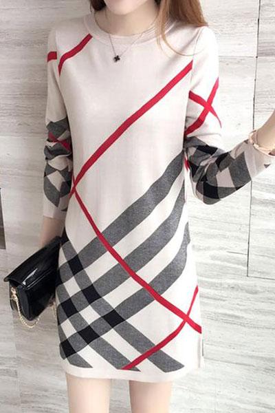 Women Plaid Round Neck Mini Sweater Dress