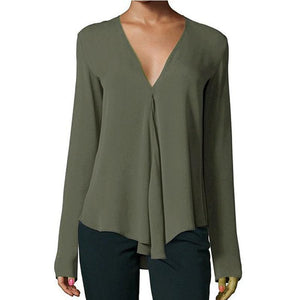 V Neck  Asymmetric Hem  Plain Blouses