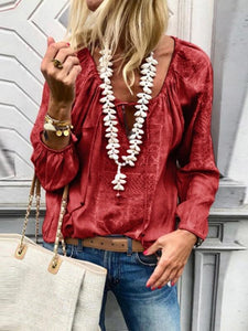 Lace Up Fashion V Neck  Long Sleeve Blouses