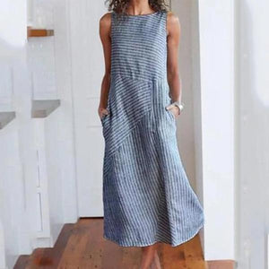 Linen Round Neck  Striped Maxi Dress