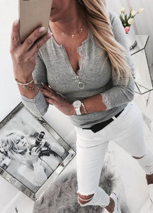 Casual Lace Splicing Zipper Collar Long Sleeves T-Shirt