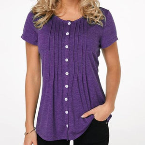 Fashion Button Round Neck Short-Sleeved T-Shirt