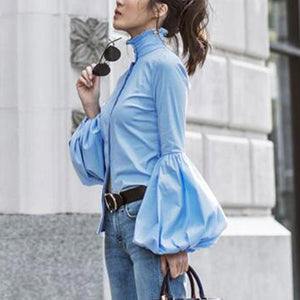 Elegant Fashion Slim Plain High Collar Long Sleeve Puff Cuff Button Front Blouse